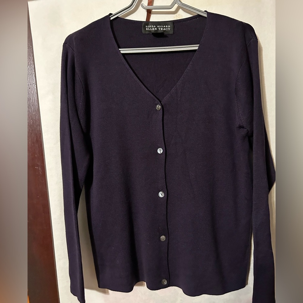 Linda Allard Ellen Tracy $298 Silk Cardigan Sweater Women’s L Purple